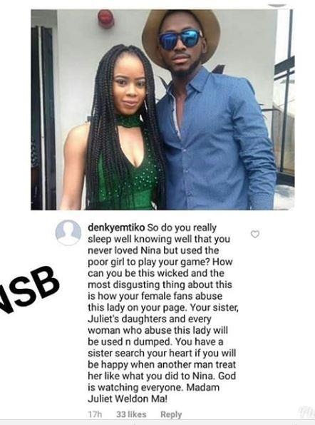 #BBNaija: Angry Nina’s “Fans” Rains Curses On Miracle & His Family For “Dumping” Her
