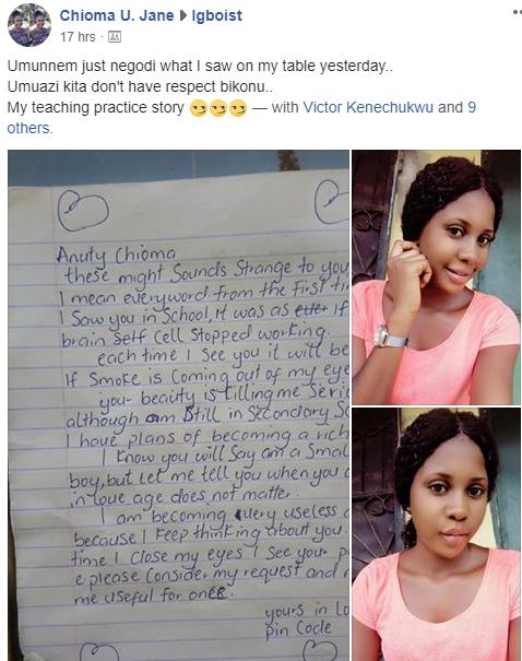 You need to see the love letter a secondary student wrote to his teacher, “Chioma”