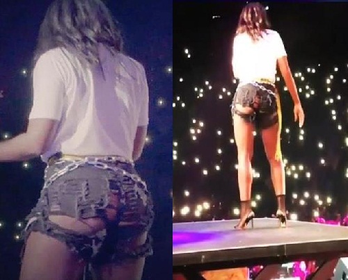 Fans React as Tiwa Savage Flashes Butt in Ripped Bum Shorts at Wizkid’s Concert [Photos]