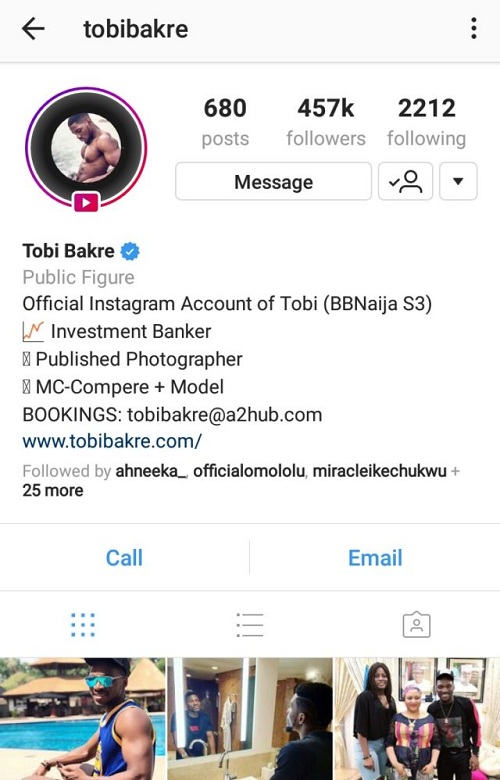 #BBNaija: Hard Working Tobi, Becomes The First Ex-Housemate To Be Verified On Instagram
