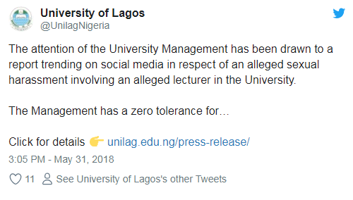 UNILAG Release Official Statement on Professor Exposed In S*X Scandal By Female Student