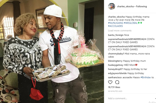 Nollywood Actor, Charles Okocha Spoils Mom with Naira Cake on Her Birthday [Photos]