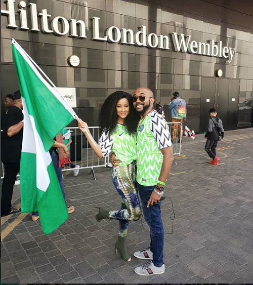 Banky W and Wife, Adesua Rock Matching Super Eagles Jerseys in London [Photos]