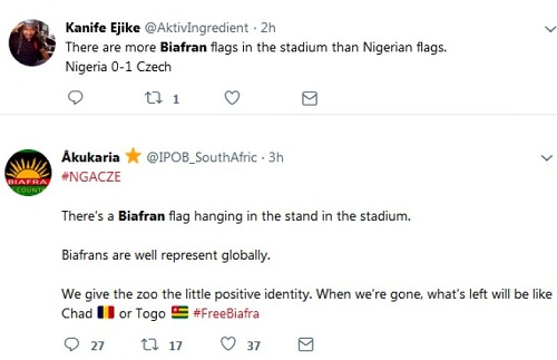 Biafran supporters stormed Super Eagles friendly match against Czech Republic in Austrai with their flags.