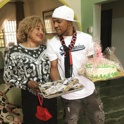 Nollywood Actor, Charles Okocha Spoils Mom with Naira Cake on Her Birthday [Photos]