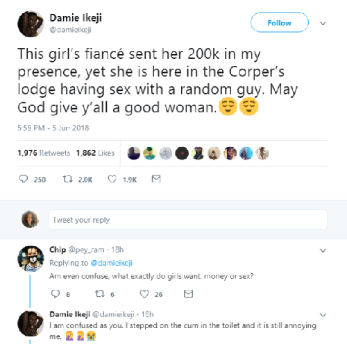 Corper Caught Having Cex with another Guy after Fiancé Sent Her 200k