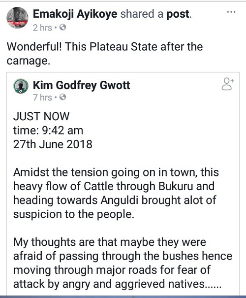 See what is happening in Plateau state as Angry and hard-faced Fulani Herdsmen Storm Bukuru with Their Cows and Other Items [Photos]