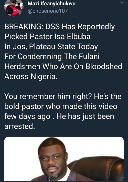DSS Allegedly Arrest Prophet Isa El Buba Again for Condemning Government’s Inaction towards the Fulani Herdsmen Killings