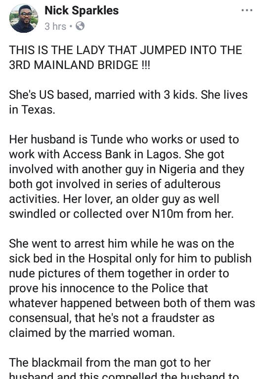 “Am Alive and Healthy” – Woman Alleged To Have Jumped Into Lagos Lagoon Speaks From Unknown Location