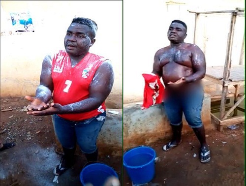 Man Spotted Bathing in Broad Daylight at a T-Junction in Lagos [Photos]
