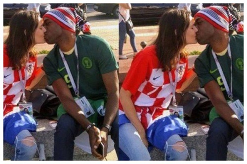 Lovely Photos of Nigerian Man Kissing His Croatian Babe in Russia before the Game 
