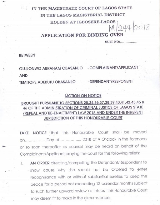 Marriage Of Olujonwo Obasanjo, Tope Adebutu In Crisis! Court Now Involved... See Documents