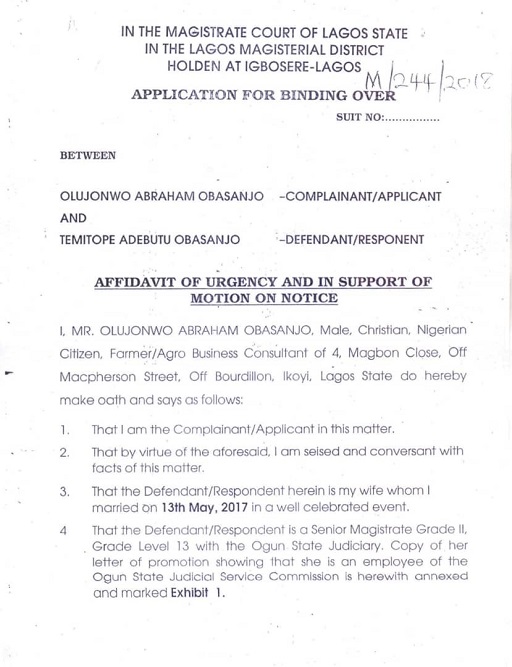 Marriage Of Olujonwo Obasanjo, Tope Adebutu In Crisis! Court Now Involved... See Documents