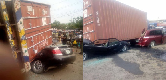 Major Tragedy Averted As Container Falls on Cars in Apapa, Lagos [Photos]