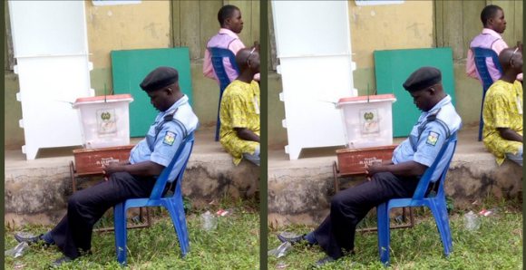 Ekiti Decides 2018: Policeman Spotted Sleeping While Watching Over Ballot Box [photos]