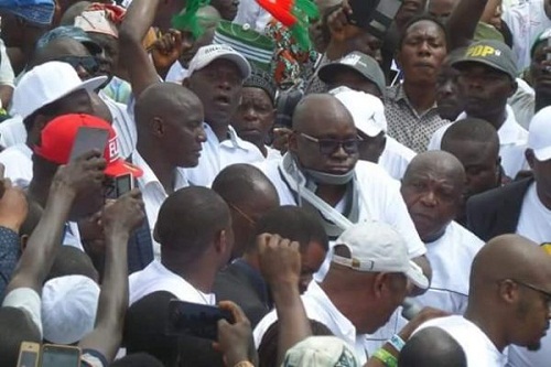 Ekiti 2018: More Photos of “Injured” Governor Fayose Addressing People With Neck Collar [Photos]