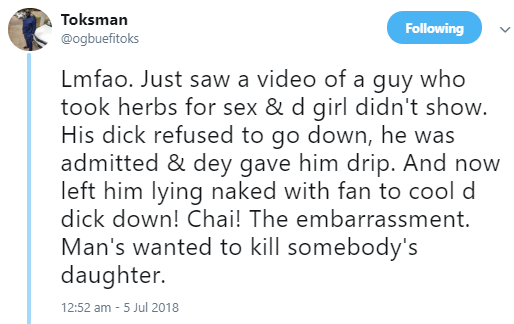 Randy Man hospitalized for stubborn erection after he took herbs for cex and the girl didn’t show up [photos/video]