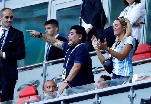Russia 2018: Photos of Maradona Kissing a Blonde Lady in the Stadium While France Thrashed Argentina [Photos]