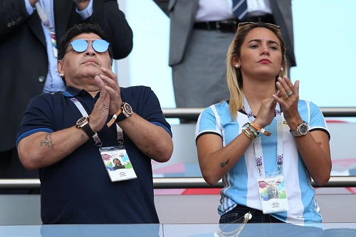 Russia 2018: Photos of Maradona Kissing a Blonde Lady in the Stadium While France Thrashed Argentina [Photos]