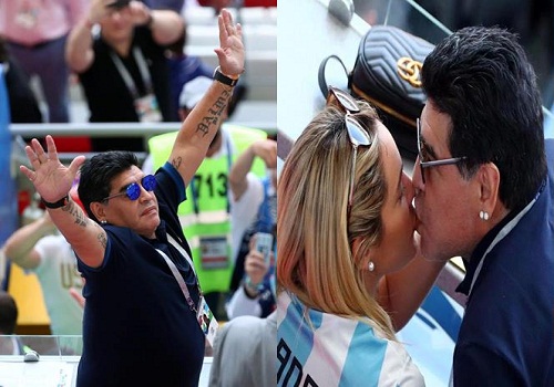 Russia 2018: Photos of Maradona Kissing a Blonde Lady in the Stadium While France Thrashed Argentina [Photos]