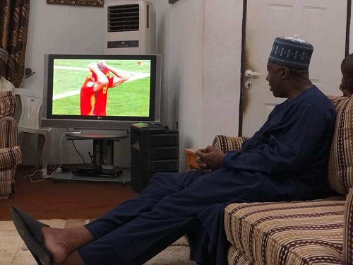 Bukola Saraki Shares Photos Of Himself While Watching Spain Vs Russia Match Yesterday But Nigerians Spotted Something Else [Photos]