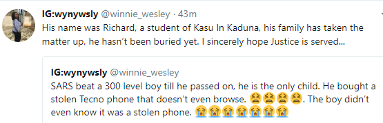 Again, SARS Operatives Tortures Student to Death over A N10k Stolen Phone