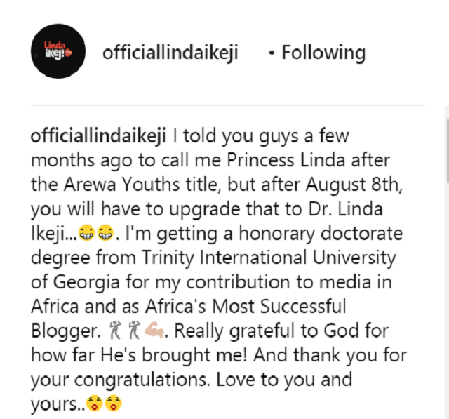 Celebrity Blogger, Linda Ikeji Set to Receive a Honorary Doctorate Degree From Georgia University