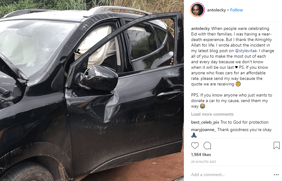 Ex-BBNaija House Mate, Anto, Miraculously Survives Car Crash [Photos]