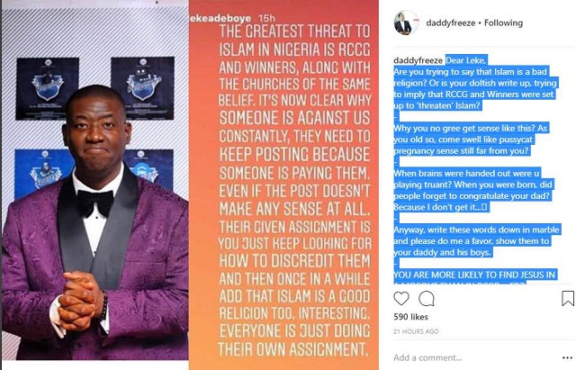 Daddy Freeze Dragged Pastor Adeboye’s Son “Leke Adeboye” After His Islamophobic Post
