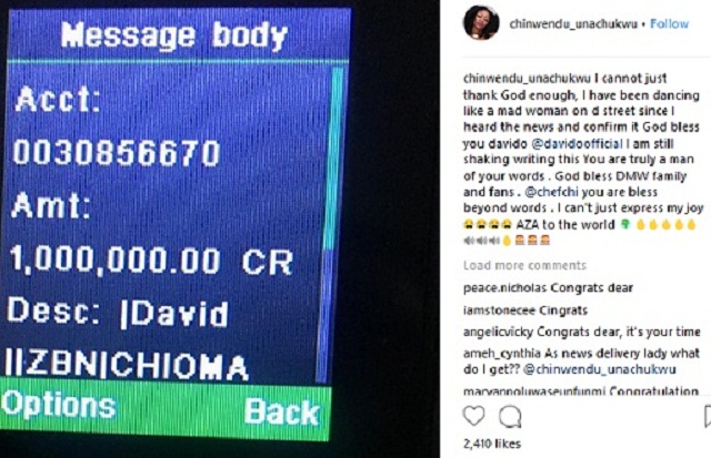 #AZA: Crooner Davido, Gifts A Lucky Fan N1,000,000m On IG