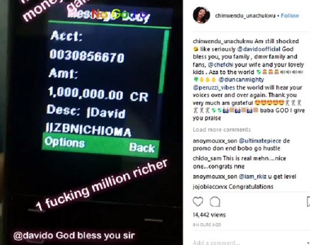 #AZA: Crooner Davido, Gifts A Lucky Fan N1,000,000m On IG