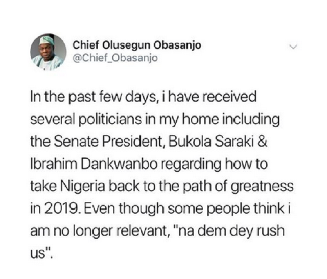 NA DEM THEY RUSH US: Ex-President, Obasanjo Boasts As Nigerian Politicians Bombard Him with Visits