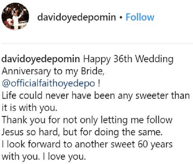 Daddy Oyedepo and His Wife, Faith, Celebrate 36th Wedding Anniversary [Photos]