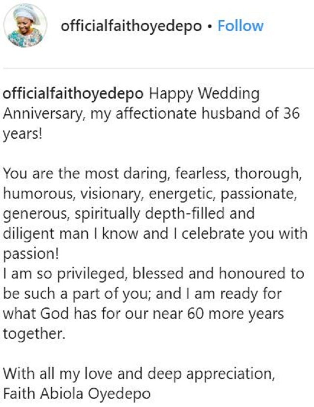 Daddy Oyedepo and His Wife, Faith, Celebrate 36th Wedding Anniversary [Photos]