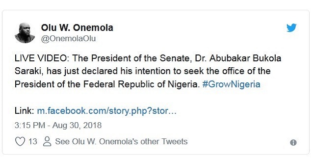 BREAKING! Senate President, Bukola Saraki Declares For Presidency