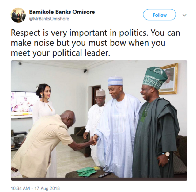 THROWBACK PHOTO! APC National Chairman Adams Oshiomole Bowing His Head In Respect Before Senate President Bukola Saraki