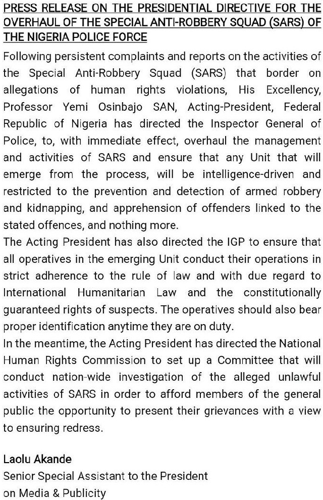 Is This The End Of SARS?  See What Acting President, Yemi Osinbajo Orders