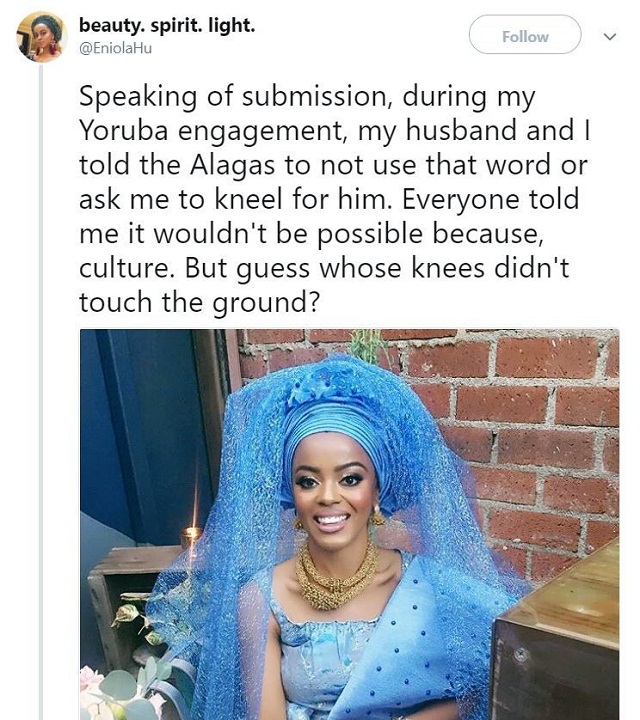 Core Canada Based Nigerian Feminist Narrates How She Avoided Kneeling For Husband During Traditional Marriage