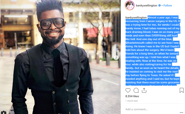 Crooner, Banky W Shares Story of How Basket mouth Was His Unexpected Ray Of Sunshine During His Battle with Cancer 