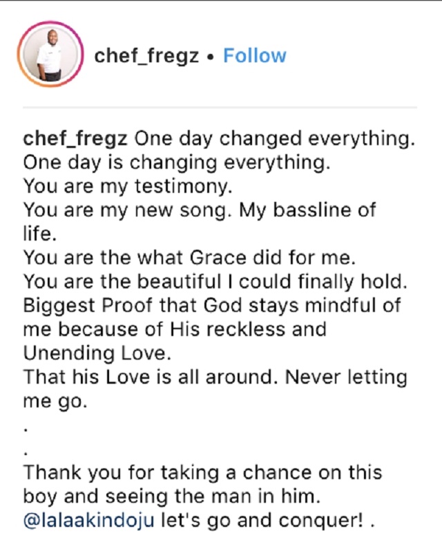 Nollywood actress Kemi Lala Akindoju and celebrity chef, Fregz are holding their wedding today