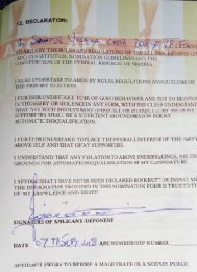 Convicted APC Senator, Joshua Dariye Buys APC Nomination Form from Prison [Photo]