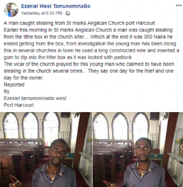 More Photos of the Man Caught Red-Handed While Using Wire to Steal From a Tithe Box in Port Harcourt