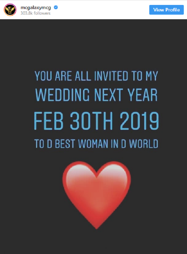 I’m marrying the Best Woman in the World, Mc Galaxy Says as He Announces His Wedding Date
