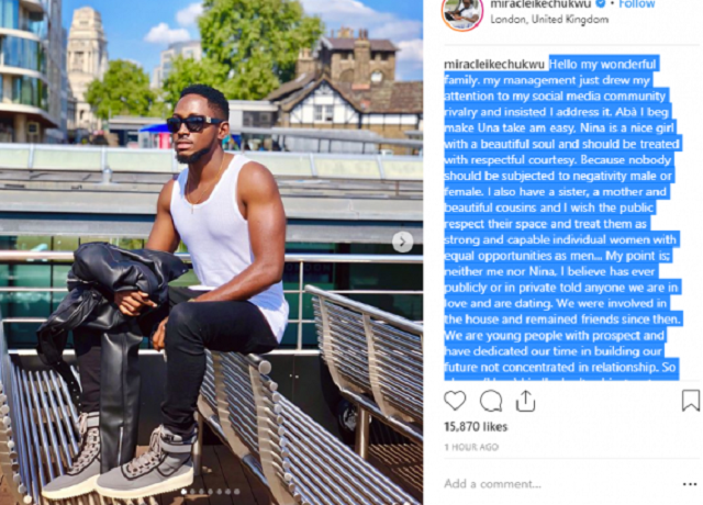 ‘Nina and I Are Not In Love, We Are Not Dating’ – Miracle