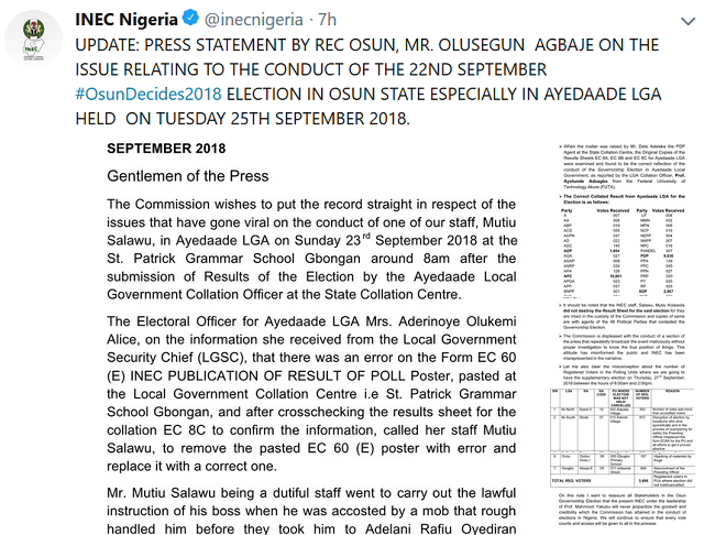 OSUN RERUN: INEC Admits Error in Vote Collation in Osun Election