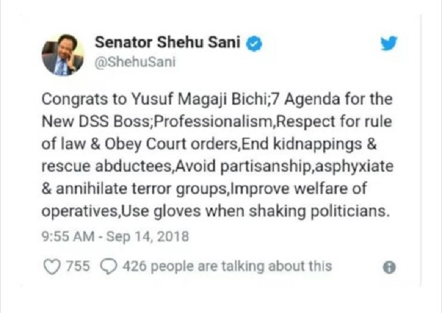 Senator Shehu Sani has advised the new director-general of the Department of State Services (DSS), Yusuf Magaji Bichi, to be cautious of politicians. The lawmaker gave the advice in a congratulatory message to the new DSS boss via twitter on Friday, September 14.He also urged the new director general to respect the rule of law, obey court orders, end kidnapping in the country and improve welfare of operatives among others. Meanwhile, the appointment of Yusuf Magaji Bichi as the new director-general of the DSS is generating mixed reactions from Nigerians across different social and political divides. While some believe that the appointment is a welcomed development, premising their argument on the competence of the new DG, others accuse the president of tribalism in his choice of the new DG.