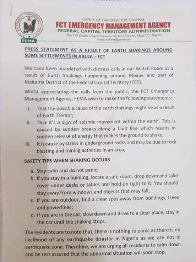 Abuja Earth Tremor: Earth Tremor Rocks Abuja, Even This Morning Too; FG Issues Red Alert
