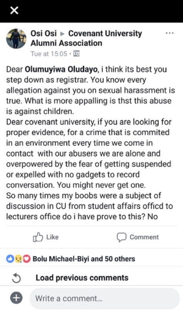 Covenant University Registrar’s S E X Scandal Update: Another Graduate Speaks out on Fresh S E X U A L Allegation