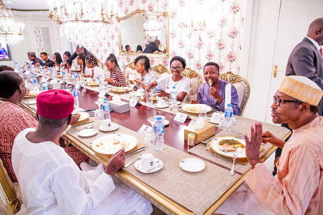Photos of President Buhari as He Hosts Xplicit Dancers at the Presidential Villa
