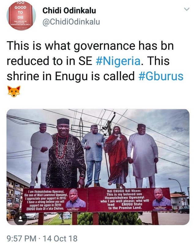 Nigerians Trolls ENUGU STATE GOVERNOR after His Campaign Billboard with "JESUS" By His Side Endorsing Him Floods Online